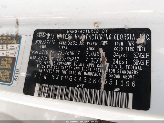 5XYPG4A32KG551196 KIA Sorento 2.4l Lx