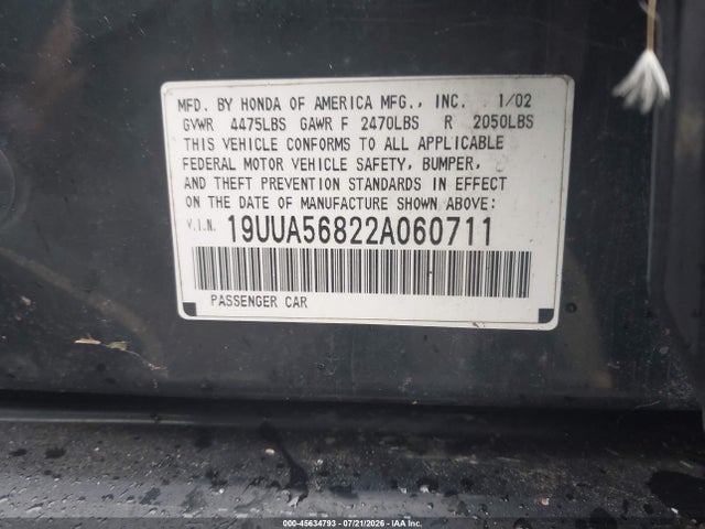 45634793 :رقم المزاد ، 19UUA56822A060711 vin ، 2002 Acura Tl 3.2 Type S مزاد بيع