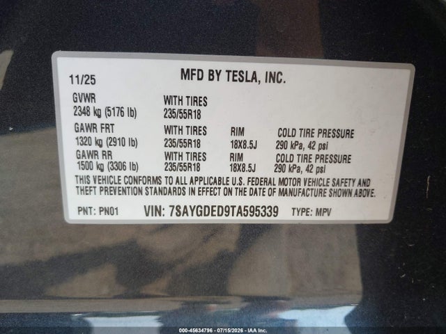 Продаж на аукціоні авто 2026 Tesla Model Y Premium Rear-wheel Drive/rear-wheel Drive, vin: 7SAYGDED9TA595339, номер лоту: 45634796