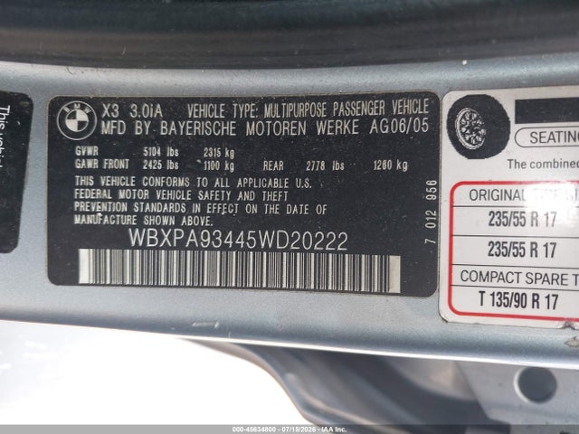 Продаж на аукціоні авто 2005 Bmw X3 3.0i, vin: WBXPA93445WD20222, номер лоту: 45634800