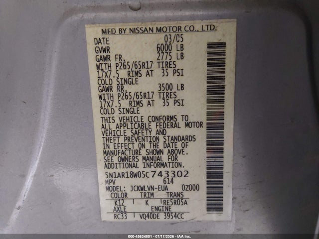 2005 Nissan Pathfinder Le მანქანა იყიდება აუქციონზე, vin: 5N1AR18W05C743302, აუქციონის ნომერი: 45634801