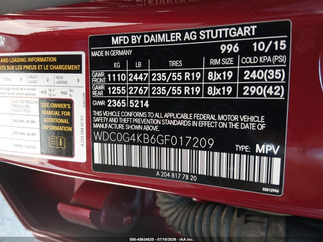 45634820 :رقم المزاد ، WDC0G4KB6GF017209 vin ، 2016 Mercedes-benz Glc 300 4matic مزاد بيع