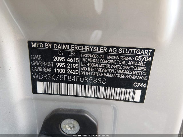 Продажа на аукционе авто 2005 Mercedes-benz Sl 500, vin: WDBSK75F65F085888, номер лота: 45634833