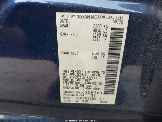 Продаж на аукціоні авто 2020 Nissan Leaf Sl Plus 62 Kwh, vin: 1N4BZ1DPXLC309561, номер лоту: 45634838