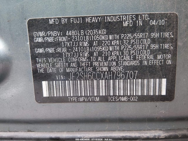 2010 Subaru Forester 2.5x Premium მანქანა იყიდება აუქციონზე, vin: JF2SH6CCXAH796707, აუქციონის ნომერი: 45634856