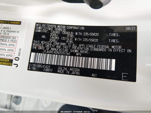 Продаж на аукціоні авто 2022 Lexus Rx 350l, vin: JTJHZKFA0N2035764, номер лоту: 45634871
