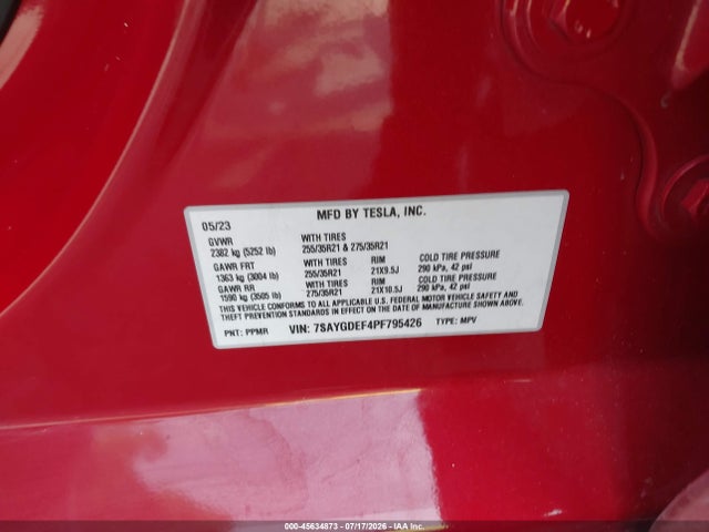 Продаж на аукціоні авто 2023 Tesla Model Y Performance Dual Motor All-wheel Drive, vin: 7SAYGDEF4PF795426, номер лоту: 45634873