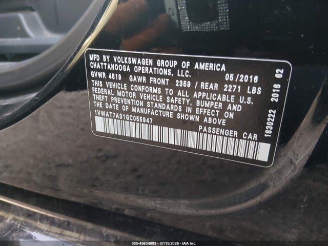 Продаж на аукціоні авто 2016 Volkswagen Passat 1.8t S, vin: 1VWAT7A31GC055947, номер лоту: 45634893
