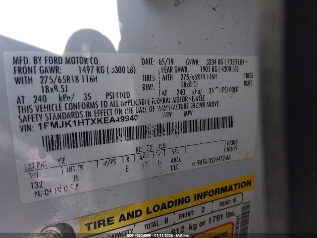 45634900 :رقم المزاد ، 1FMJK1HTXKEA49940 vin ، 2019 Ford Expedition Max Xlt مزاد بيع
