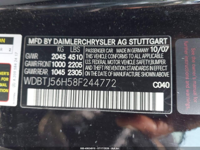 Aukcja sprzedaży 2008 Mercedes-benz Clk 350, vin: WDBTJ56H58F244772, numer aukcji: 45634910