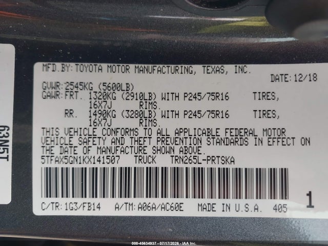 2019 Toyota Tacoma Sr მანქანა იყიდება აუქციონზე, vin: 5TFAX5GN1KX141507, აუქციონის ნომერი: 45634937