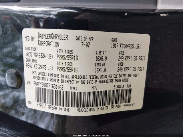 Продаж на аукціоні авто 2007 Chrysler Pt Cruiser Touring, vin: 3A4FY58B77T631082, номер лоту: 45634944