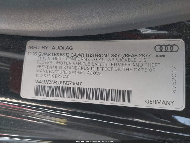 Aukcja sprzedaży 2017 Audi A7 Premium Plus, vin: WAUW2AFC9HN076047, numer aukcji: 45634962
