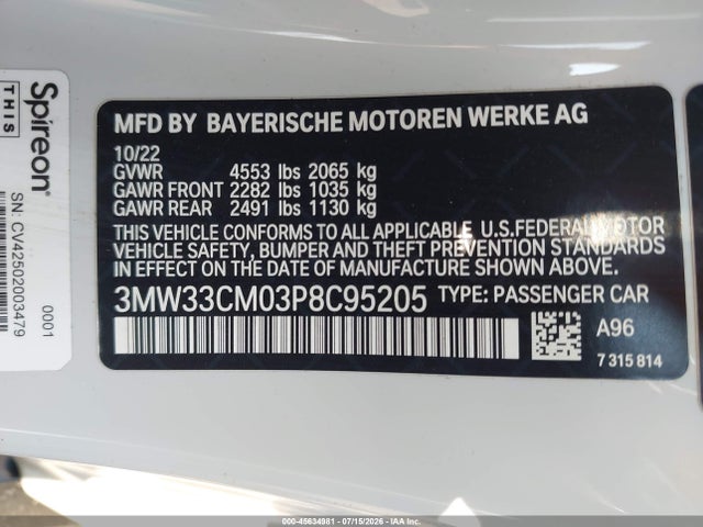 45634981 :رقم المزاد ، 3MW33CM03P8C95205 vin ، 2023 Bmw 230 I Xdrive مزاد بيع