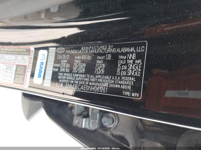 45634986 :رقم المزاد ، 5NMJECAE0NH061261 vin ، 2022 Hyundai Tucson Limited مزاد بيع