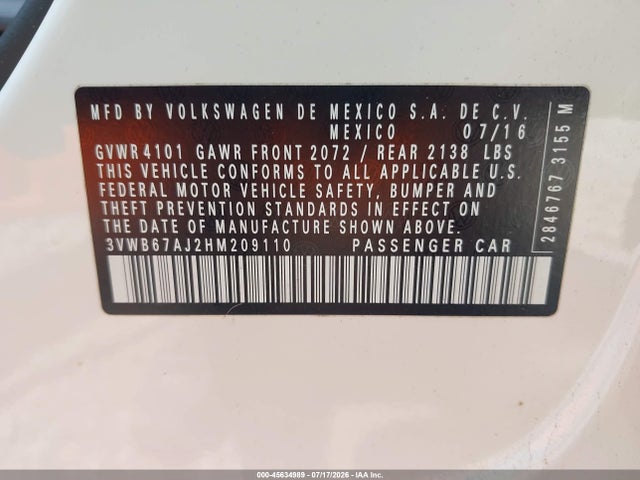 Продажа на аукционе авто 2017 Volkswagen Jetta 1.4t Se, vin: 3VWB67AJ2HM209110, номер лота: 45634989