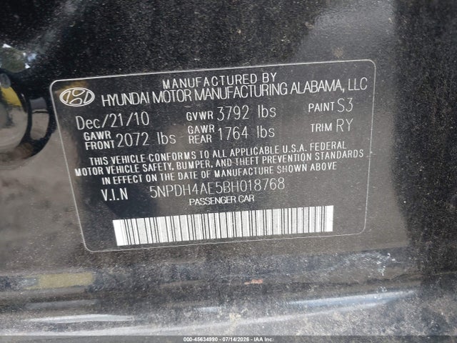 45634990 :رقم المزاد ، 5NPDH4AE5BH018768 vin ، 2011 Hyundai Elantra Limited مزاد بيع