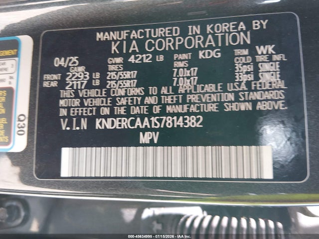 Продажа на аукционе авто 2025 Kia Seltos Ex, vin: KNDERCAA1S7814382, номер лота: 45634995