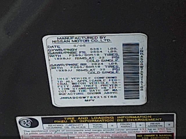 45635001 :رقم المزاد ، JNRAS08W75X215168 vin ، 2005 Infiniti Fx35 مزاد بيع