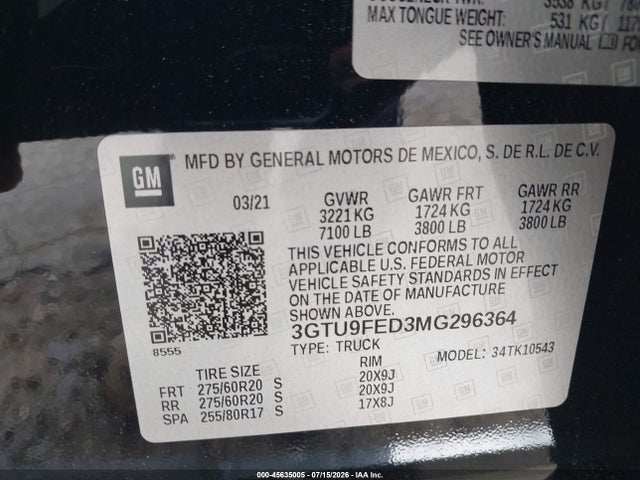 Aukcja sprzedaży 2021 Gmc Sierra 1500 4wd  Short Box Denali, vin: 3GTU9FED3MG296364, numer aukcji: 45635005