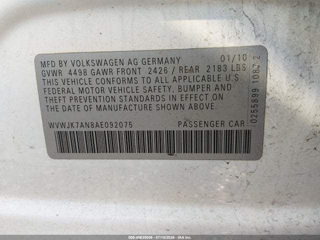 Продажа на аукционе авто 2010 Volkswagen Passat Komfort, vin: WVWJK7AN8AE092075, номер лота: 45635006