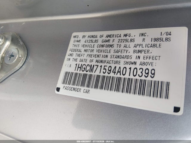 Aukcja sprzedaży 2004 Honda Accord 2.4 Ex, vin: 1HGCM71594A010399, numer aukcji: 45635007