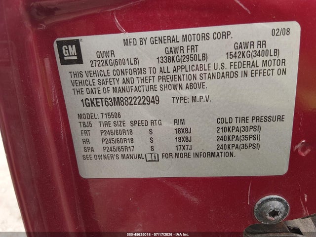 Aukcja sprzedaży 2008 Gmc Envoy Denali, vin: 1GKET63M882222949, numer aukcji: 45635018