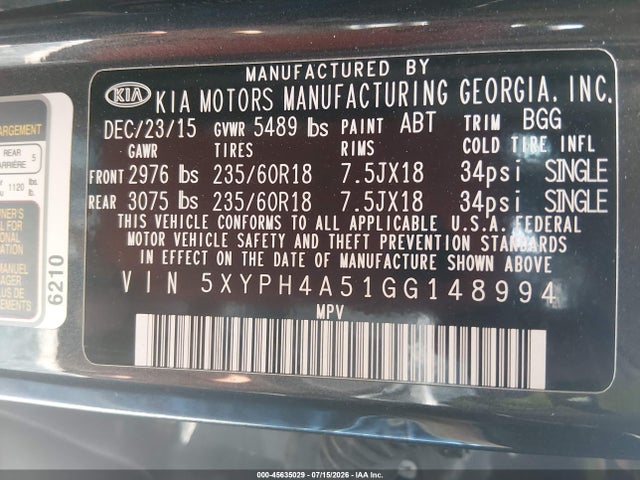 45635029 :رقم المزاد ، 5XYPH4A51GG148994 vin ، 2016 Kia Sorento 3.3l Ex مزاد بيع