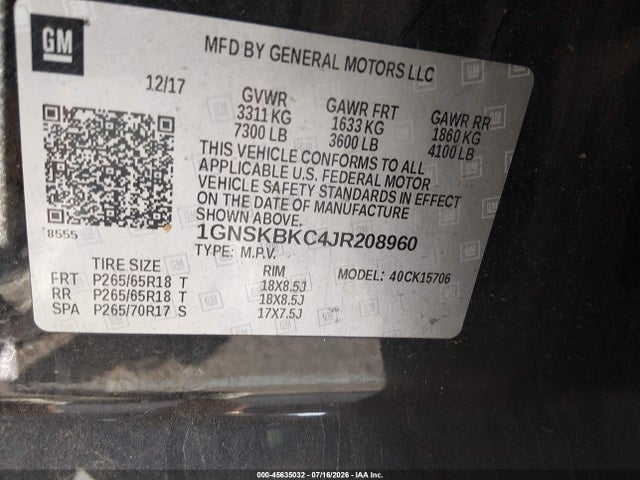 Продажа на аукционе авто 2018 Chevrolet Tahoe Lt, vin: 1GNSKBKC4JR208960, номер лота: 45635032