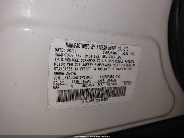 Продаж на аукціоні авто 2012 Infiniti Ex35 Journey, vin: JN1AJ0HR1CM450681, номер лоту: 45635048