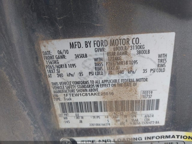 Aukcja sprzedaży 2010 Ford F-150 Fx2 Sport/xl/xlt, vin: 1FTEW1C81AKE25616, numer aukcji: 45635060