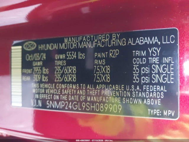 Aukcja sprzedaży 2025 Hyundai Santa Fe Sel, vin: 5NMP24GL9SH089909, numer aukcji: 45635061