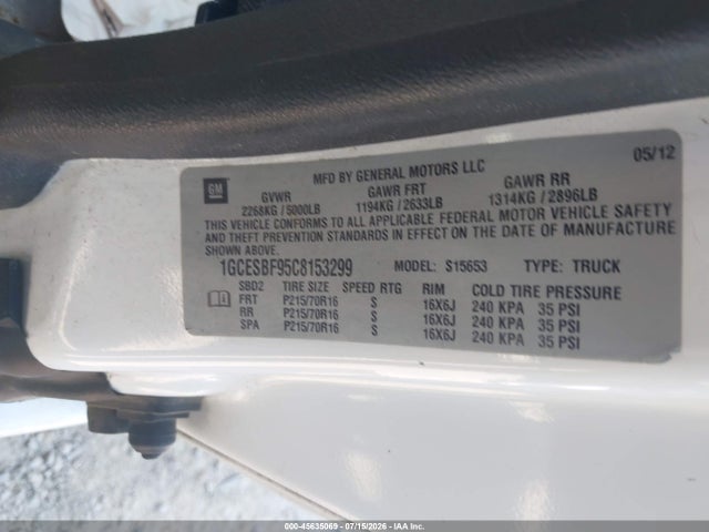 45635069 :رقم المزاد ، 1GCESBF95C8153299 vin ، 2012 Chevrolet Colorado Work Truck مزاد بيع
