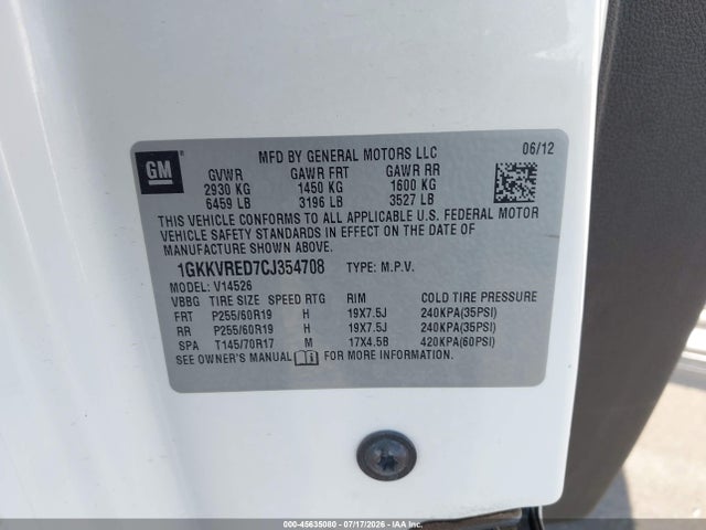Продаж на аукціоні авто 2012 Gmc Acadia Slt-1, vin: 1GKKVRED7CJ354708, номер лоту: 45635080