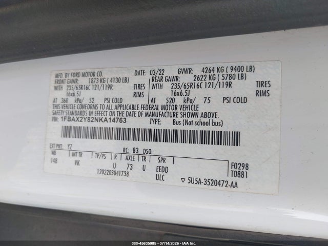 1FBAX2Y82NKA14763 Ford Transit-350 Passenger Van Xl