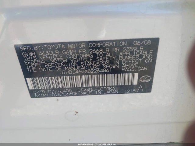 Продаж на аукціоні авто 2008 Lexus Es 350, vin: JTHBJ46GX82264861, номер лоту: 45635096