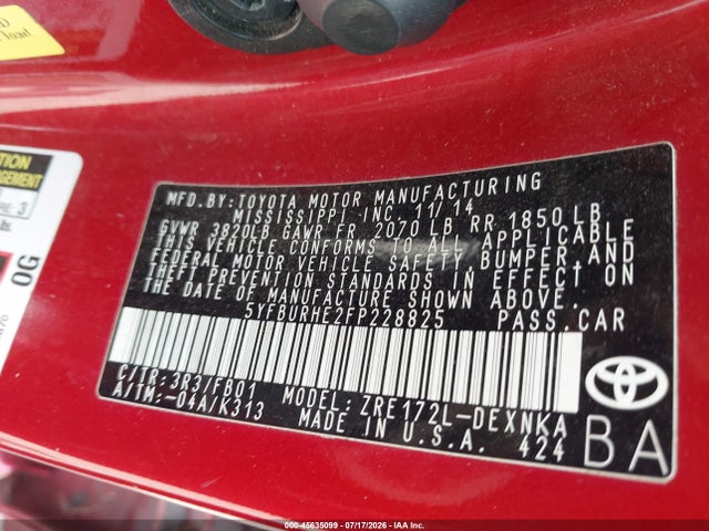 Toyota COROLLA LE 2015 5YFBURHE2FP228825 Image 9