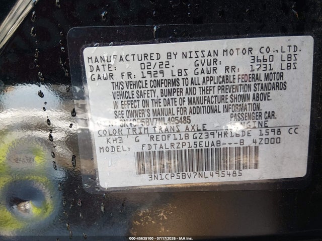 Продаж на аукціоні авто 2022 Nissan Kicks S Xtronic Cvt, vin: 3N1CP5BV7NL495485, номер лоту: 45635100