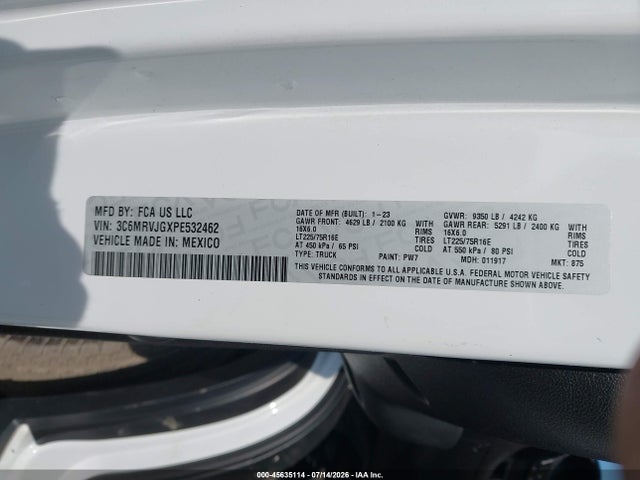 2023 Ram Promaster 3500 Cargo Van High Roof 159 Wb Ext მანქანა იყიდება აუქციონზე, vin: 3C6MRVJGXPE532462, აუქციონის ნომერი: 45635114