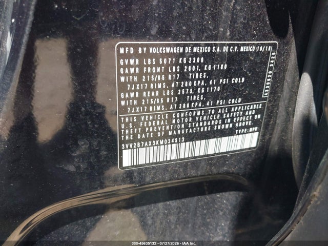 3VV2B7AX3KM034913 Volkswagen Tiguan 2.0t Se/2.0t Sel/2.0t Sel R-line/2.0t Sel R-line Black