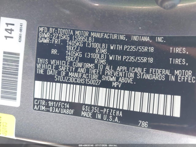 5TDJZ3DCXHS150027 Toyota Sienna Le 7 Passenger