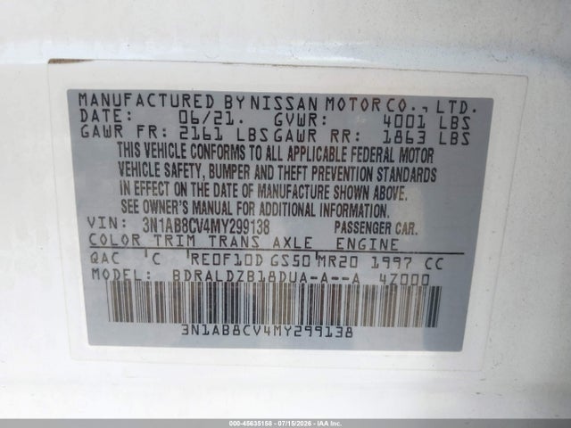 Продаж на аукціоні авто 2021 Nissan Sentra Sv Xtronic Cvt, vin: 3N1AB8CV4MY299138, номер лоту: 45635158