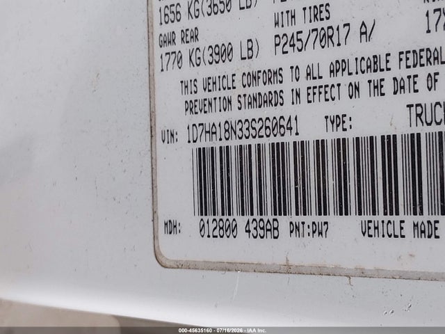 45635160 :رقم المزاد ، 1D7HA18N33S260641 vin ، 2003 Dodge Ram 1500 Slt/laramie/st مزاد بيع