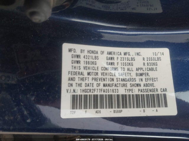 2015 Honda Accord Ex მანქანა იყიდება აუქციონზე, vin: 1HGCR2F77FA051633, აუქციონის ნომერი: 45635179