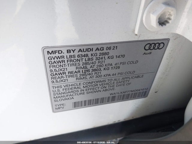 Aukcja sprzedaży 2021 Audi Q7 Premium Plus 55 Tfsi Quattro Tiptronic, vin: WA1LXAF77MD041012, numer aukcji: 45635186