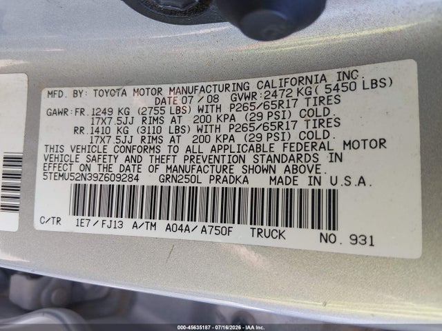 45635187 :رقم المزاد ، 5TEMU52N39Z609284 vin ، 2009 Toyota Tacoma Base V6 مزاد بيع