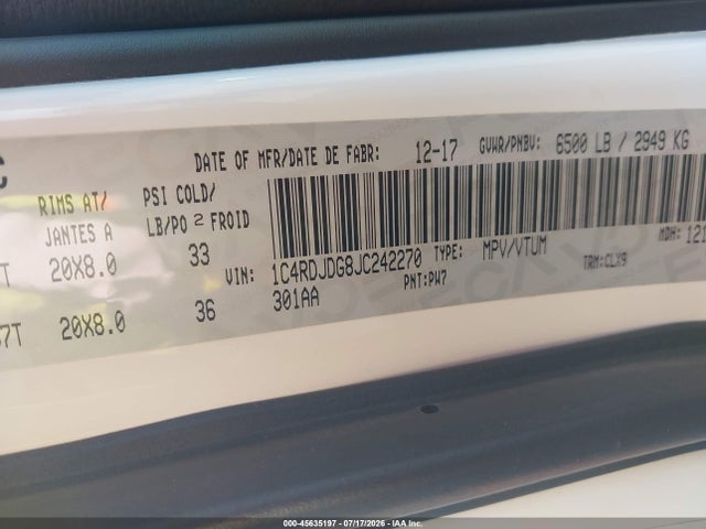 45635197 :رقم المزاد ، 1C4RDJDG8JC242270 vin ، 2018 Dodge Durango Gt مزاد بيع