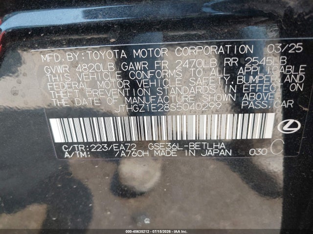 45635212 :رقم المزاد ، JTHGZ1E28S5040299 vin ، 2025 Lexus Is 350 F Sport مزاد بيع
