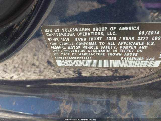 2015 Volkswagen Passat 1.8t Wolfsburg Edition მანქანა იყიდება აუქციონზე, vin: 1VWAT7A33FC021927, აუქციონის ნომერი: 45635247
