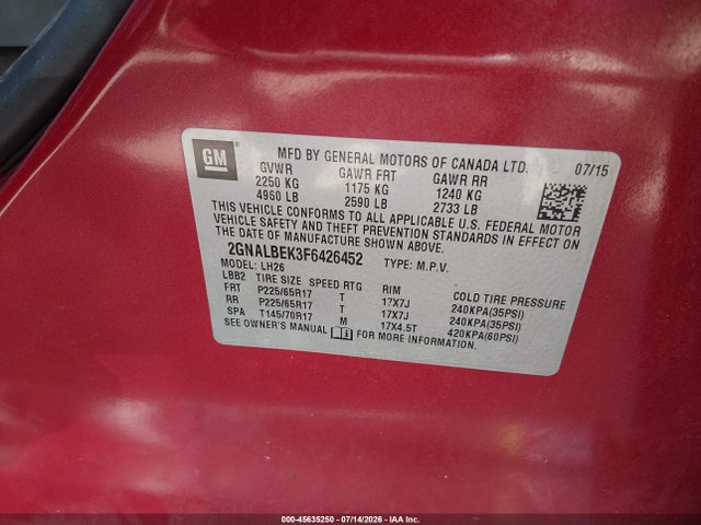 Chevrolet EQUINOX LT 2015 2GNALBEK3F6426452 Image 9